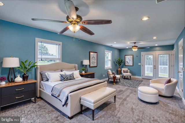bedroom with access to exterior, baseboards, recessed lighting, a ceiling fan, and french doors