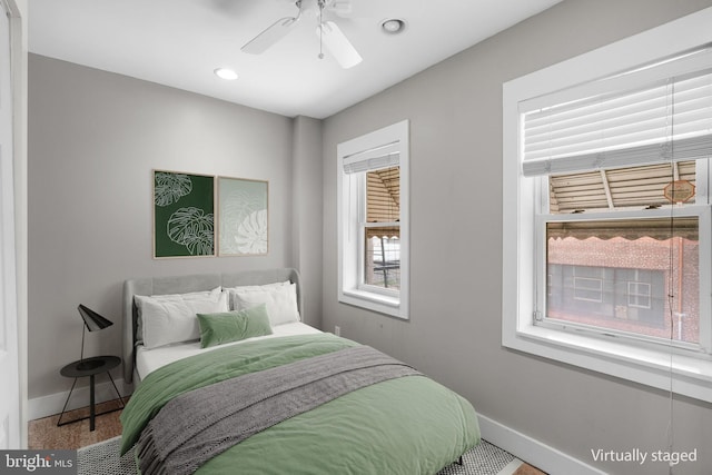 bedroom featuring recessed lighting, a ceiling fan, and baseboards
