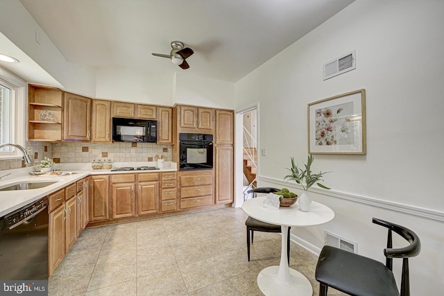 3217 Pauline Dr, Chevy Chase, MD 20815 - kitchen featuring black appliances, a ceiling fan, backsplash, open shelves, and light countertops