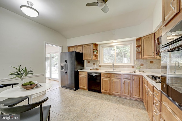 3217 Pauline Dr, Chevy Chase, MD 20815 - kitchen with black appliances, open shelves, decorative backsplash, lofted ceiling, and plenty of natural light