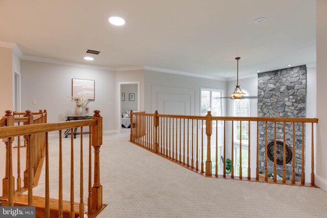 hallway featuring crown molding, carpet, recessed lighting, an upstairs landing, and visible vents