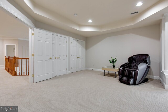 living area featuring a raised ceiling, baseboards, visible vents, and carpet