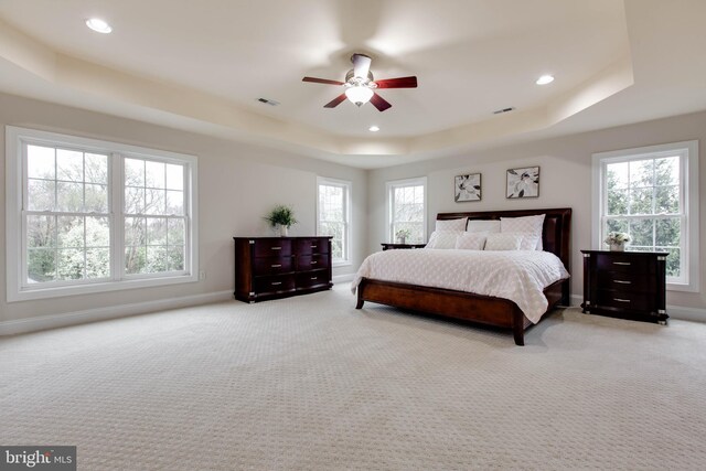 bedroom featuring visible vents, carpet, a tray ceiling, and multiple windows