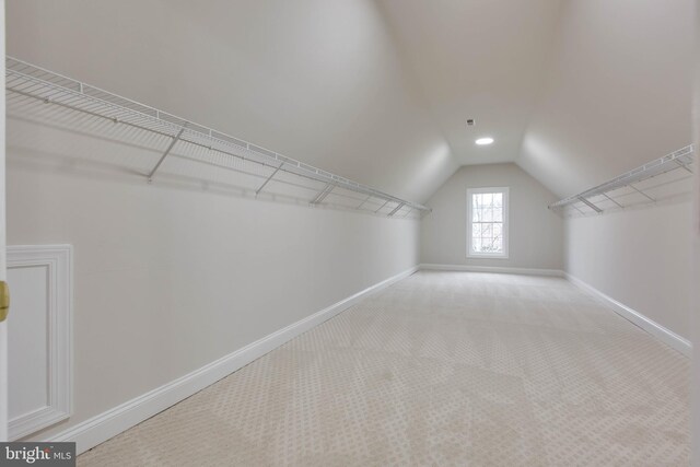 walk in closet with vaulted ceiling and carpet flooring