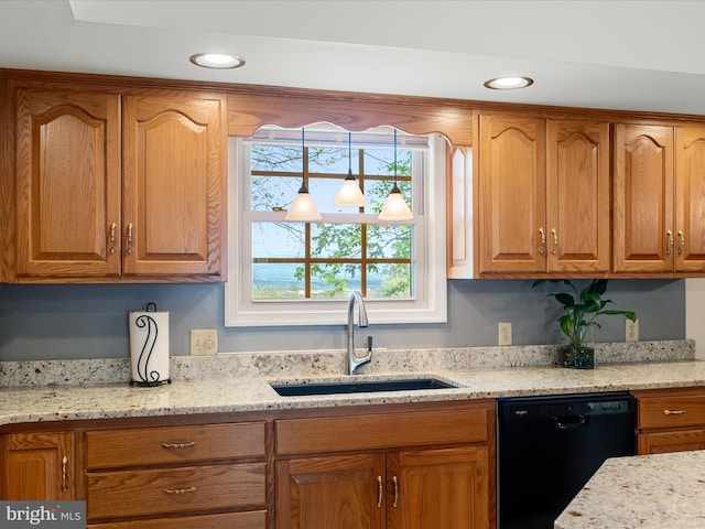 5409 Smith Creek Rd, New Market, VA 22844 - kitchen featuring dishwasher, brown cabinets, light stone counters, and a sink