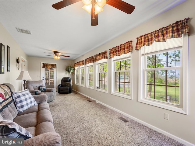 5409 Smith Creek Rd, New Market, VA 22844 - carpeted living room featuring a wealth of natural light, visible vents, baseboards, and ceiling fan