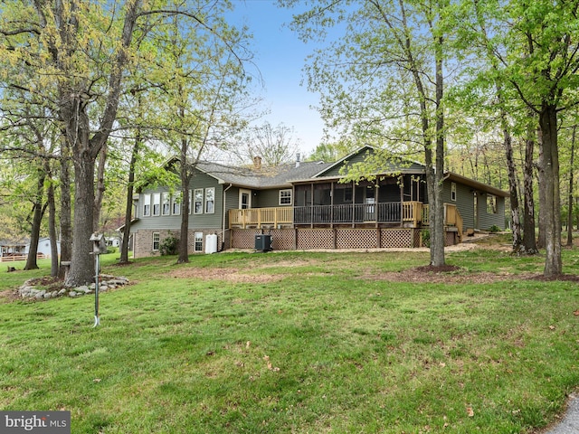 5409 Smith Creek Rd, New Market, VA 22844 - rear view of property featuring a chimney, a sunroom, a yard, and a deck