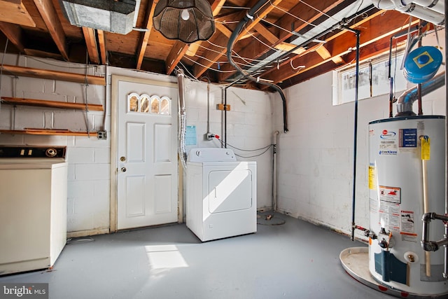 unfinished below grade area featuring gas water heater and washer / dryer