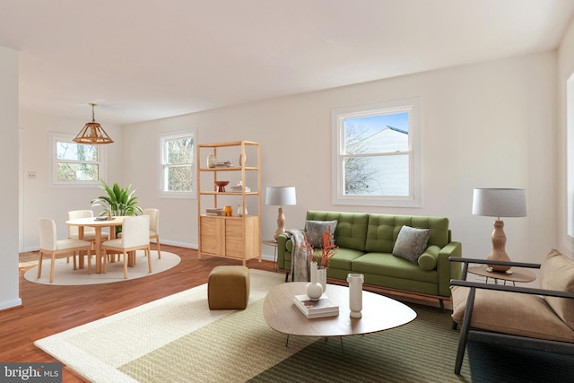 living area with baseboards and wood finished floors