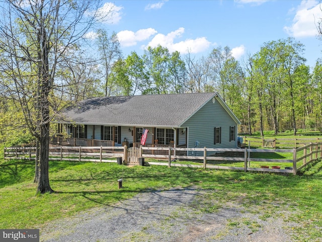 view of front of property featuring covered porch, fence private yard, and roof with shingles