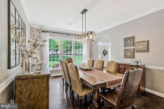 630 Good Shepherd Way, Owings, MD 20736 - dining room with arched walkways, crown molding, dark wood-style floors, and baseboards