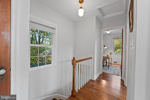 9301 Mintwood St, Silver Spring, MD 20901 - staircase featuring baseboards, attic access, and wood finished floors