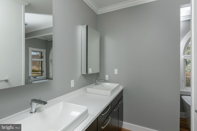 full bathroom with a sink, baseboards, crown molding, and double vanity