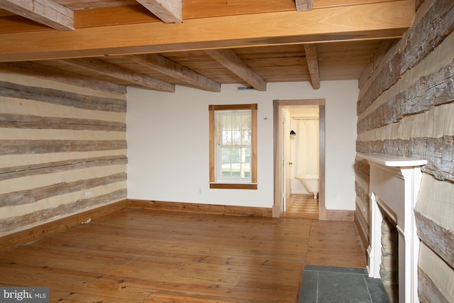 unfurnished living room featuring wood-type flooring, beam ceiling, baseboards, wooden walls, and wood ceiling