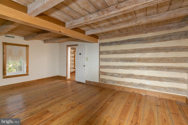 empty room featuring visible vents, wood ceiling, hardwood / wood-style floors, and beamed ceiling