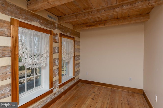 unfurnished room featuring baseboards, plenty of natural light, wood ceiling, and beam ceiling