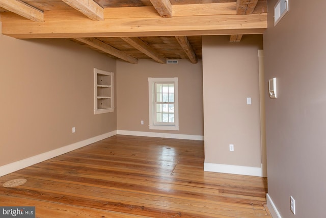 empty room with wood ceiling, visible vents, baseboards, beamed ceiling, and wood-type flooring