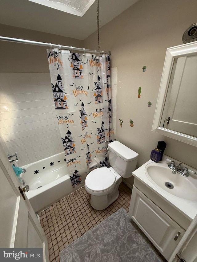 6016 Belden St, Philadelphia, PA 19149 - full bathroom featuring toilet, vanity, lofted ceiling, shower / bathtub combination with curtain, and tile patterned flooring