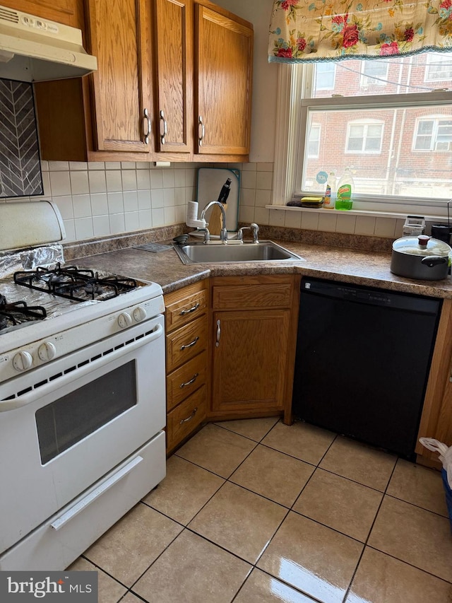 6016 Belden St, Philadelphia, PA 19149 - kitchen with black dishwasher, white range with gas cooktop, under cabinet range hood, a sink, and backsplash