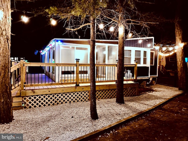 view of deck at night