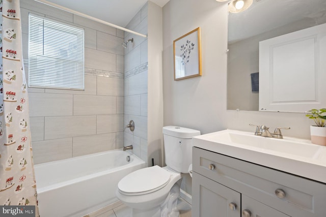 full bath with shower / bath combo, toilet, and vanity