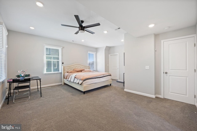 bedroom featuring carpet floors, baseboards, recessed lighting, and visible vents