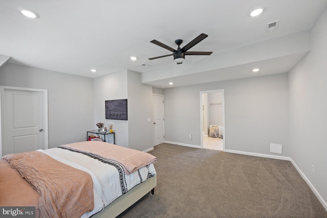 bedroom with recessed lighting, visible vents, baseboards, and carpet floors