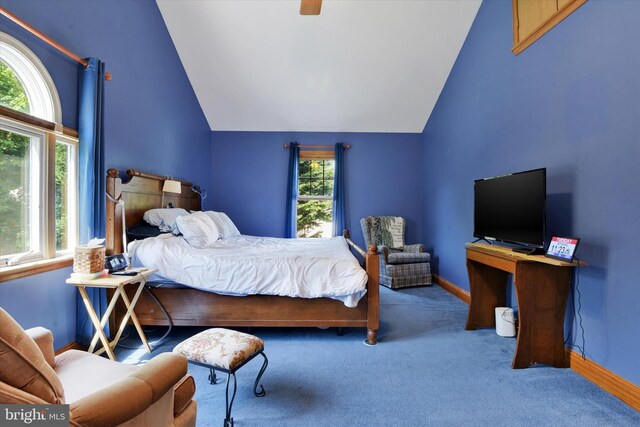 carpeted bedroom with baseboards, multiple windows, ceiling fan, and lofted ceiling