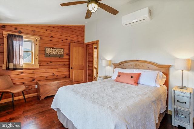 bedroom featuring a wall mounted AC, dark wood finished floors, wood walls, lofted ceiling, and ceiling fan