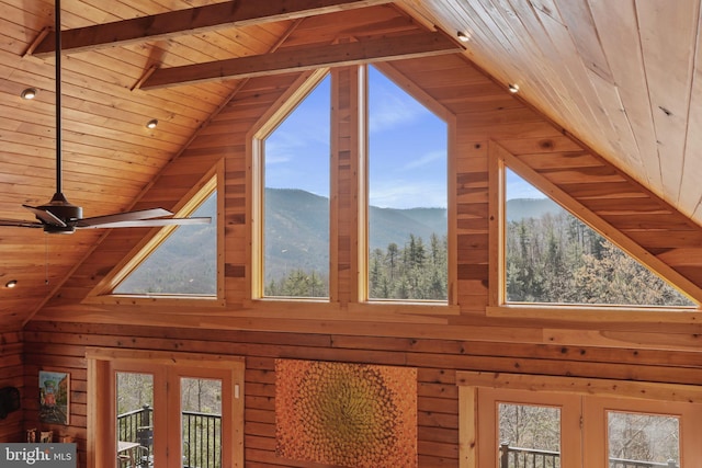 room details with wooden walls, wood ceiling, a mountain view, and a ceiling fan