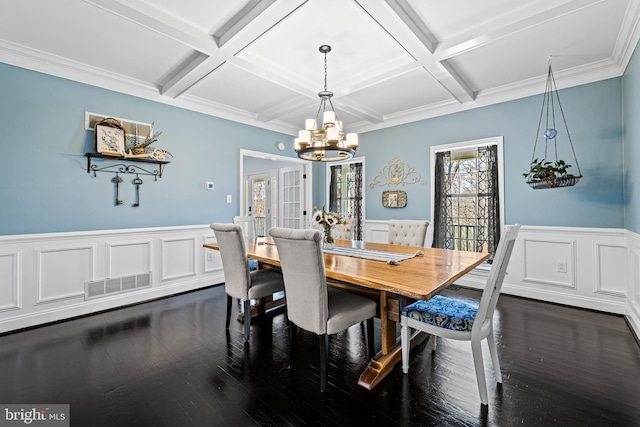 dining space featuring visible vents, a notable chandelier, coffered ceiling, and wainscoting