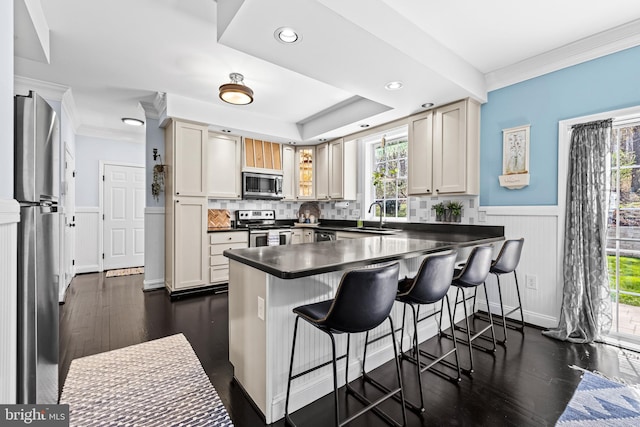 kitchen featuring a peninsula, a wainscoted wall, dark countertops, dark wood finished floors, and stainless steel appliances