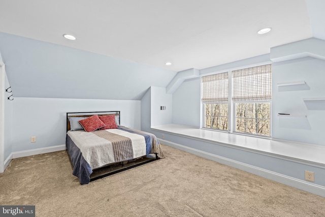 bedroom featuring baseboards, vaulted ceiling, carpet, and recessed lighting