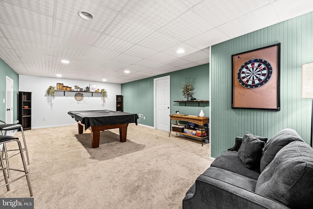 playroom with billiards, recessed lighting, and carpet