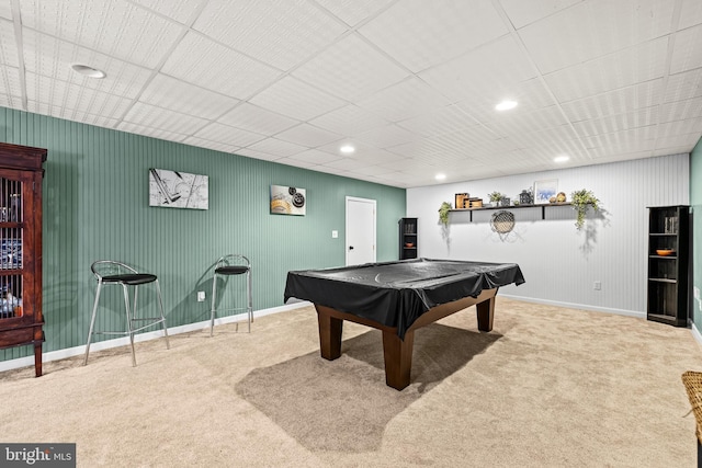 game room with baseboards, recessed lighting, carpet flooring, and pool table