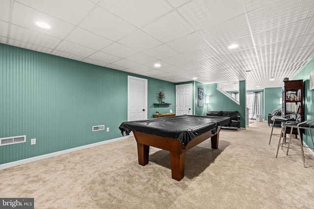 recreation room featuring baseboards, billiards, recessed lighting, carpet floors, and visible vents
