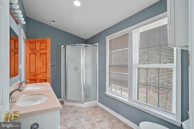 7058 Crespo Ln, Manassas, VA 20112 - bathroom with vaulted ceiling, a shower stall, double vanity, and tile patterned floors