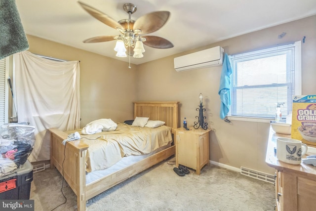 bedroom featuring ceiling fan, visible vents, an AC wall unit, and light carpet