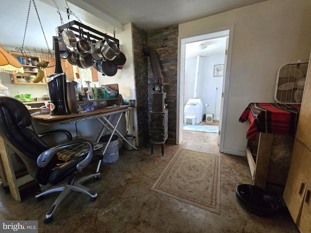 home office with a wood stove