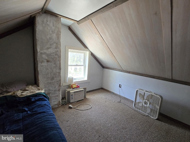 bonus room featuring carpet flooring, a wall mounted AC, baseboards, and lofted ceiling