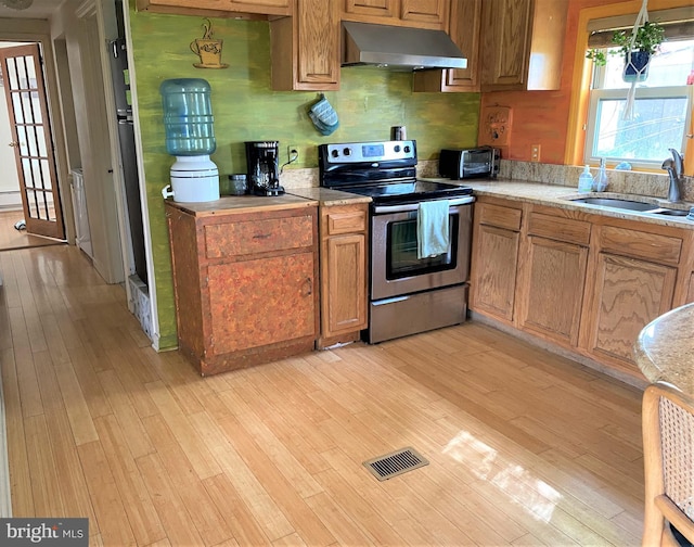 kitchen featuring a sink, extractor fan, light wood finished floors, and electric stove