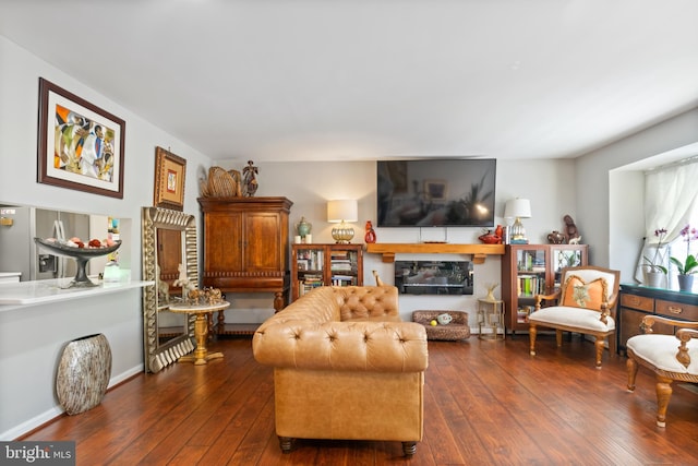 living room featuring a glass covered fireplace and dark wood-style flooring