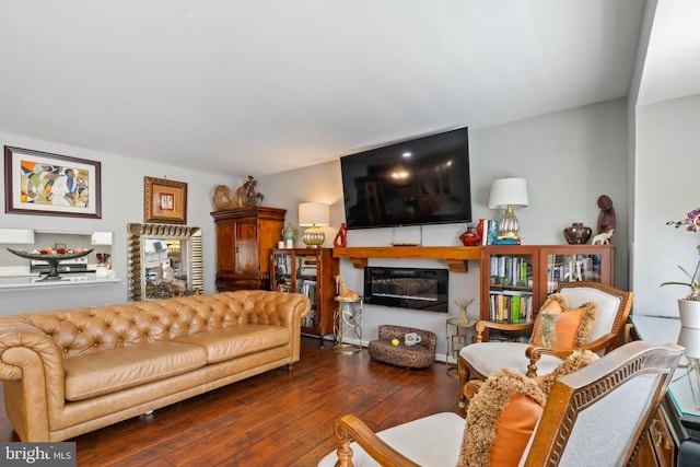 living area with a glass covered fireplace and hardwood / wood-style floors
