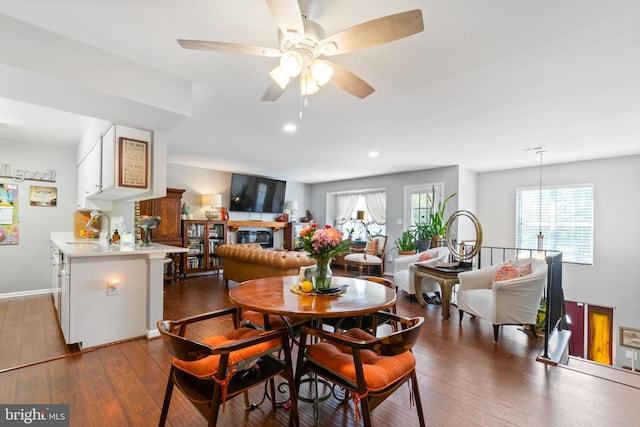 dining space featuring recessed lighting, dark wood-style flooring, and ceiling fan