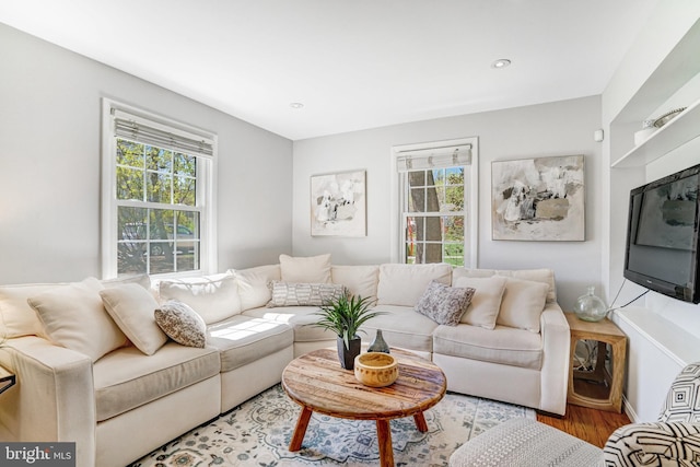 living area featuring recessed lighting, wood finished floors, and a healthy amount of sunlight