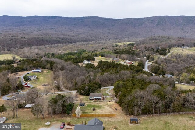 drone / aerial view featuring a mountain view and a view of trees