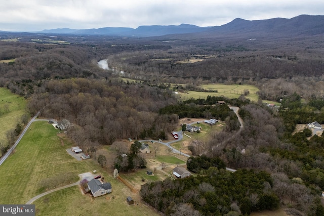 aerial view featuring a mountain view and a view of trees