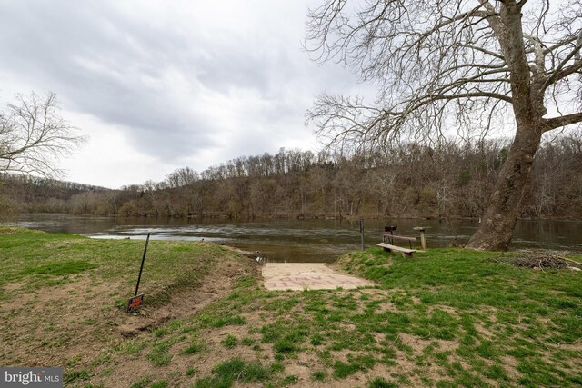 view of yard featuring a water view and a wooded view