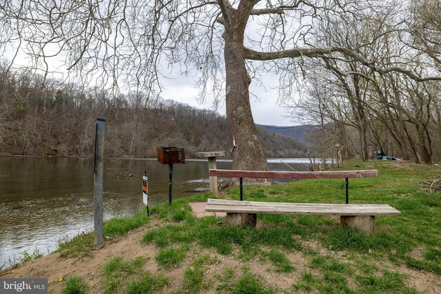 view of home's community with a water view and a forest view