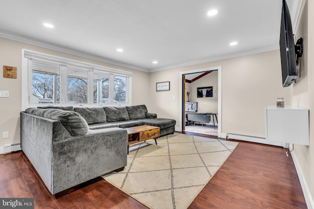 living area with recessed lighting, ornamental molding, a baseboard heating unit, and wood finished floors